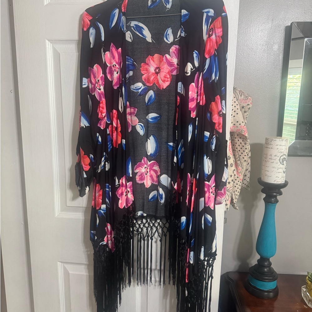 Torrid Black Floral Kimono with Fringe